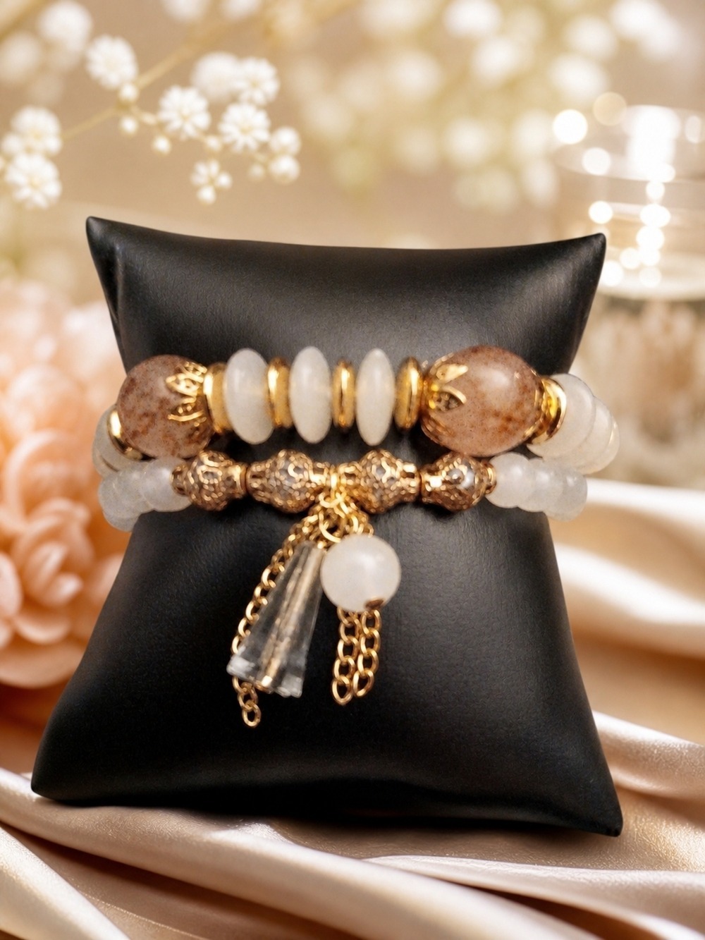 White Brown Gold Accent Beaded Bracelet Set